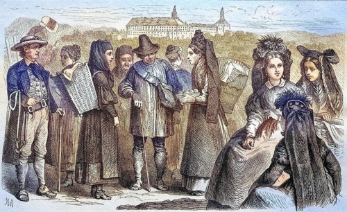 Thuringian folk costumes, Thuringia, Germany, coloured wood engraving, reproduction from a model