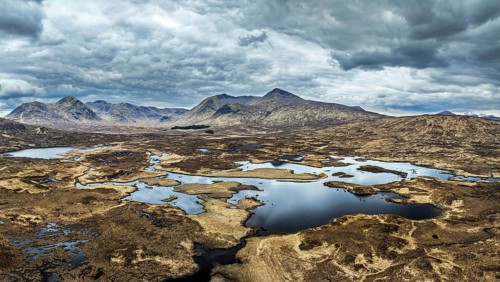 Rannoch Moor from a drone over Loch Ba and Loch of the Armpit, A82 Highland Way, Argyll and Bute,