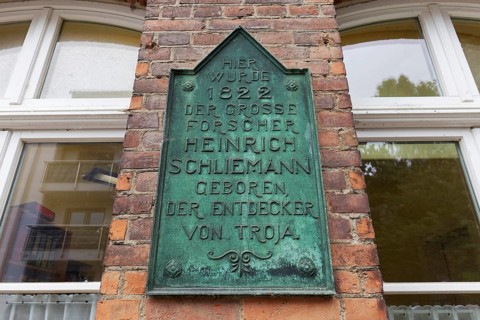 Plaque in the birthplace of Heinrich Schliemann, discoverer of Troy, Neubukow, district of Rostock,