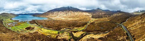 Panorama of Eas a' Bhradain Waterfall from drone, Red Cuillin mountains, Loch Ainort, Isle of Skye,