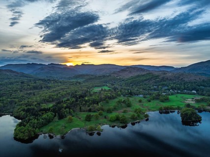 Sunset over Windermere Lake from a drone, Ambleside, Lake District, Cumbria, England, United