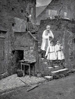 The last sacraments, Priest with altar boys leaving a house in which someone has died and he has