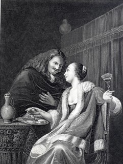 Man Serving a Tray of Oysters to a Woman, 1680, France, Historical, digitally restored reproduction