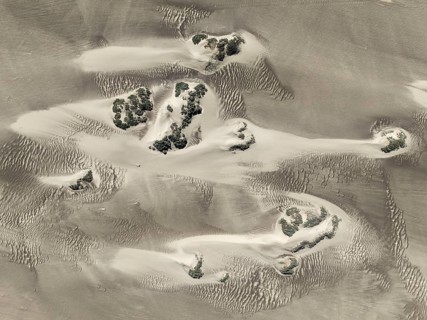 Small sand heaps form around the sparse vegetation in the Namib Desert. Aerial view. Drone shot.