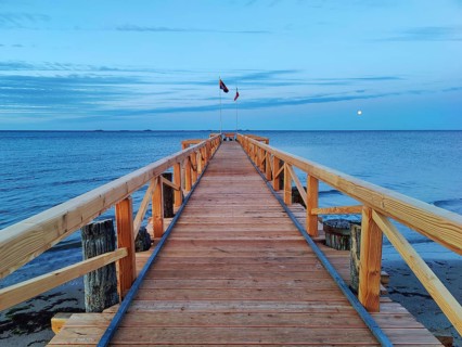 New South Beach Bridge in the early morning with full moon, South Beach, Wyk auf Föhr, North