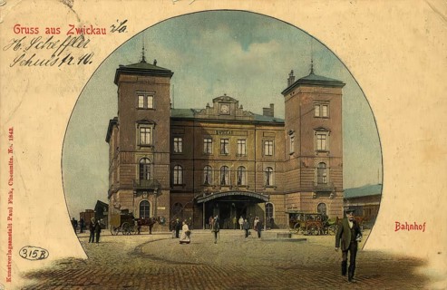 Historical postcard, picture postcard, railway station in Zwickau, Saxony, Germany, digitally