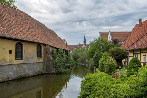 Steinfurter Aa, part of the castle moat at Burgsteinfurt Castle, also known as Steinfurt Castle,