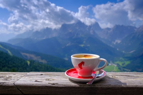 Cappuccino with a mountain view, at the Hahnspielhütte, on the Helm, Sesto, Dolomites, Val