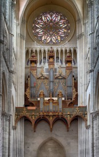 Interior view, west gallery, main organ, rose window, Cathédrale Notre-Dame d'Amiens, Amiens,