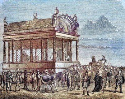 The funeral carriage with the body of Alexander the Great, coloured wood engraving, reproduction of