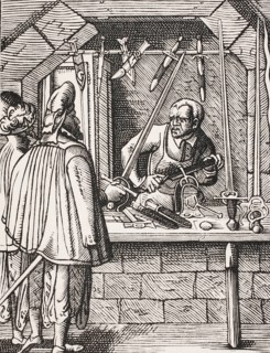 Swordmaker. Reproduction of a woodcut from the 16th century by Jost Amman from the 19th century,