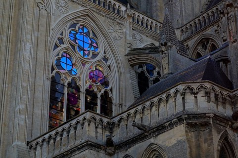 Stained glass window, coloured church window, Cathédrale Notre-Dame de Bayeux, Bayeux, Normandy,
