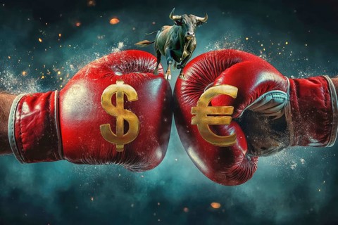Symbolic image, boxing gloves with dollar and euro sign for supremacy, bull stands for stock market