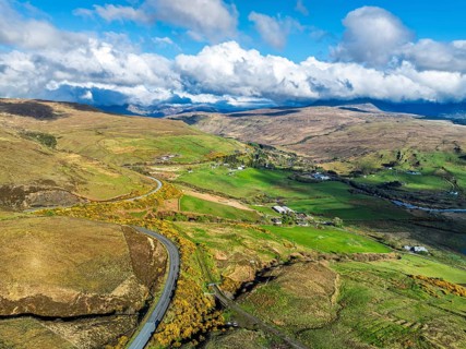 Farms and Moors over Loch Harport from a drone, Drynoch, Isle of Skye, Highlands, Scotland, United