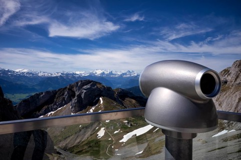 Binoculars, telescope, view from Pilatus Kulm mountain station to Swiss mountain range, Alps,