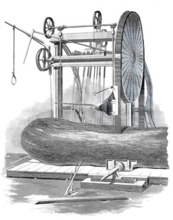 Sawmill, Endless band saw, Historical, digitally enhanced reproduction of a model from around 1860