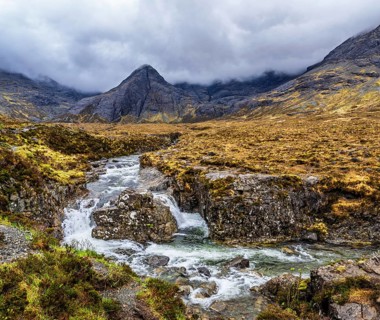 Panorama of Fairy Pools and Waterfalls, Glen Brittle, Black Cuillin, Isle of Skye, Scotland, UK