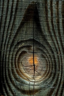This close-up highlights the intricate details of weathered wood, featuring a unique knot, cracks,