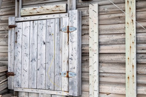 Nails on the wall of a hunting hut, protection from polar bears, wooden hut, Bamsebu, Spitsbergen,