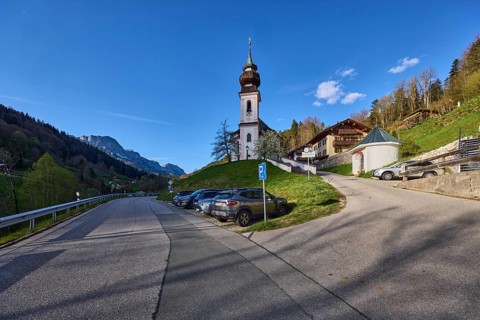 Maria Gern pilgrimage church, church, mountain landscape, hills, mountains, coniferous forest,