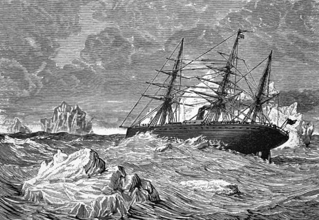 An ocean liner between icebergs, the Strait of Belle Island (or Strait of Labrador) separating