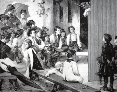 The children's party, many children watch a puppet show, Punch and Judy in the village, around