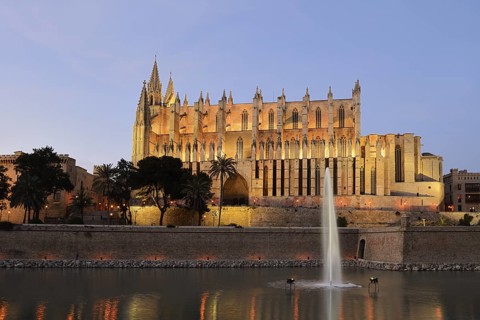 La Seu Cathedral or Cathedral of St Mary at dusk, Palma de Majorca, Majorca, Balearic Islands,