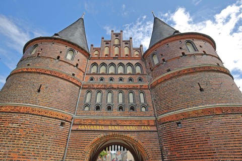 Historic Holstentor with trapdoor, view upwards, perspective, Brick Gothic, brick building, city