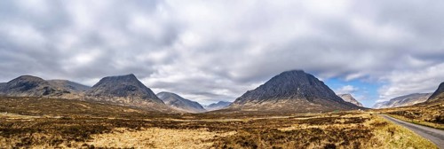 Panorama of Mountains and Moors over Glen Etive Valley, Glencoe, Highlands, Scotland and Buachaille