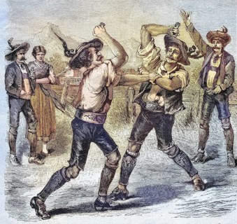 Fist fight with brass knuckles in Tyrol, Austria, coloured wood engraving, reproduction from a
