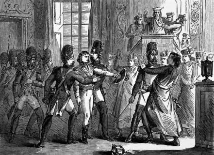 Napoleon Bonaparte leads a group of grenadiers who expelled the Council of Five Hundred (the lower