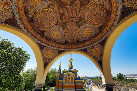 View from the pavilion with artistic mosaic of the Russian Chapel, Mathildenhöhe, UNESCO World