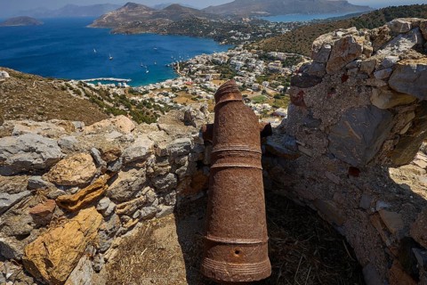 Old cannon on ruins overlooking the sea and surrounding landscape of hills, Pandeli Castle, Castle,