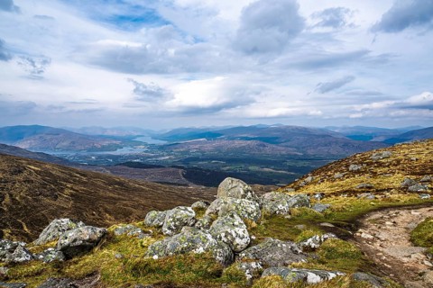 View from Nevis Range Mountains, Grampian Mountains, Fort William, Highland, Lochaber, Scotland, UK