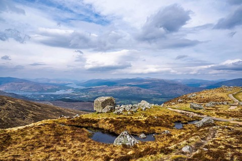 View from Nevis Range Mountains, Grampian Mountains, Fort William, Highland, Lochaber, Scotland, UK