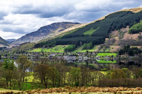 Farm and mountains, Loch Earn, Southern Highlands, Scotland, United Kingdom