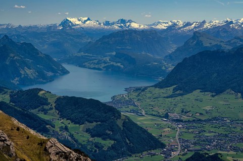 View from Pilatus Kulm mountain station to Stanser Horn, Lake Lucerne, Swiss mountain range, Alps,
