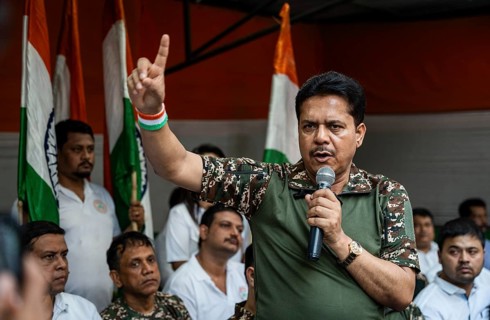 Bhupen Kumar Borah, president of Assam Congress committee speaks during celebrate after Indian