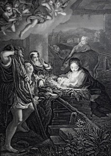 The Holy Night, Birth of Jesus in the stable at Bethlehem, steel engraving after a genre painting