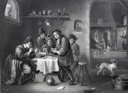 Company of smokers in the parlour of a farmhouse, around 1650, Historic, digitally restored