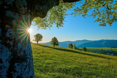 A beech tree stands on a green hill with a view of a sunny mountain landscape, spring,