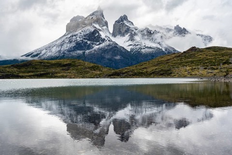 Cuernos del Paine mountain range, reflection in Lago Nordenskjöld, Torres del Paine National Park,