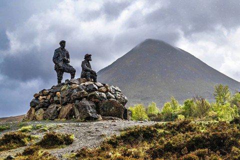 Collie and MacKenzie Statue, Sligachan Old Bridge, Isle of Skye, Scotland, UK