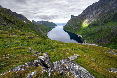 View of Øyfjorden fjord and mountains, fjord landscape with mountain peaks, hike to Barden