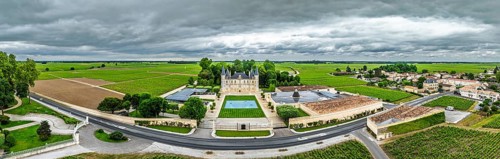 Panorama of Chateau Pichon Longueville Baron Vineyard and grape fields around Pauillac from a