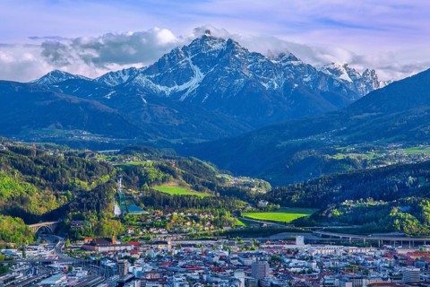 City view with Bergisel and the Serles 2717m, Innsbruck, Inntal, Tyrolean Alps, Tyrol, Austria