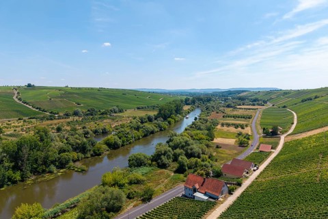 A river flowing through a landscape flanked by vineyards and a road, near Volkach, Mainfranken,