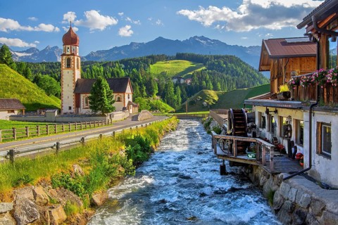 Chaplaincy church and old forge with water wheel on the Horlachbach, Niederthai in the Horlach