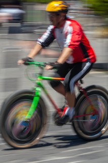 Man riding a bicycle, Photo with motion blur, City of Quito, Pichincha province, Ecuador, South