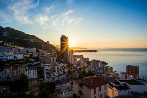 Panorama, Skyline with skyscrapers by the sea, Sunrise, Monte Carlo, Cote d'Azur, Monaco